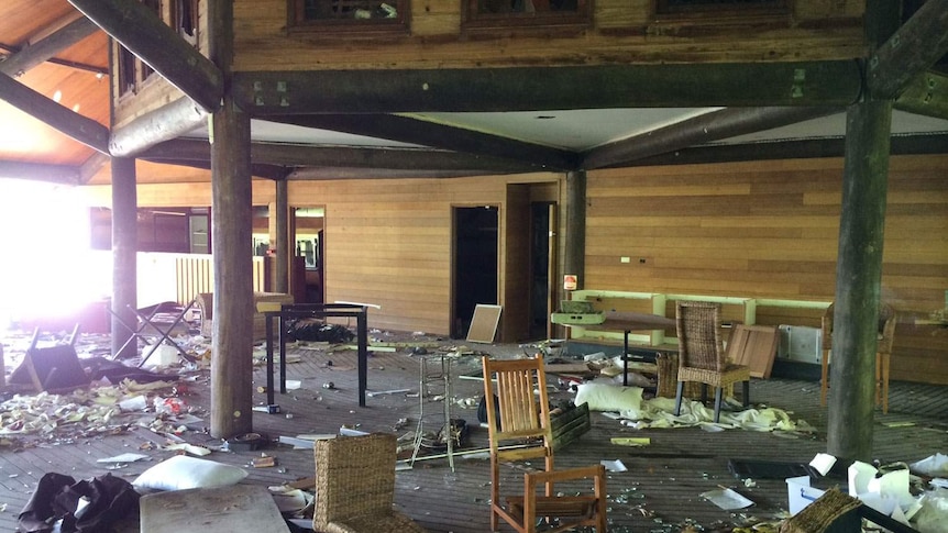 Run-down main building of kitchen and bar of the old Hinchinbrook Island Wilderness Lodge Resort