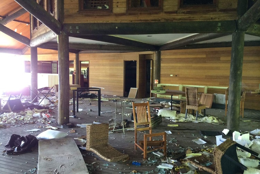 Run-down main building of kitchen and bar of the old Hinchinbrook Island Wilderness Lodge Resort