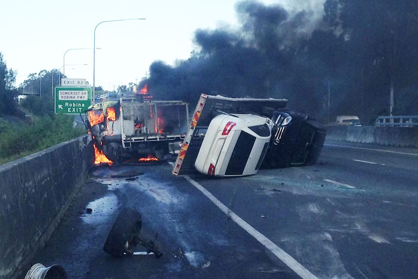 Fiery road accident on Pacific Motorway on Gold Coast