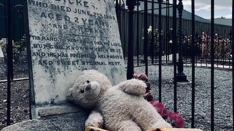 A teddy bear and toy truck on an old grave
