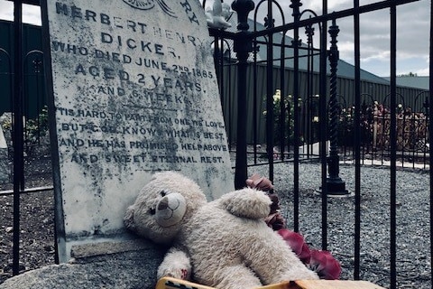 A teddy bear and toy truck on an old grave