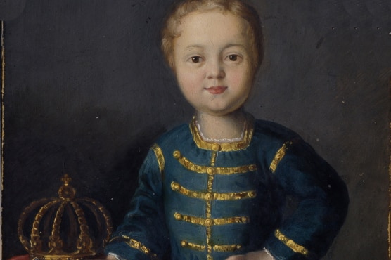 A painting of a toddler posing with a hand on his hip and standing next to a crown.