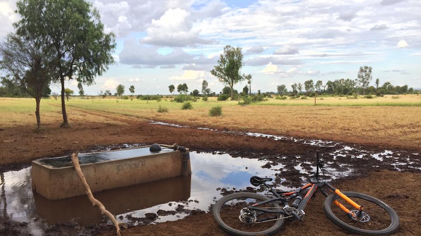 A mountain bike lies next to a water trough