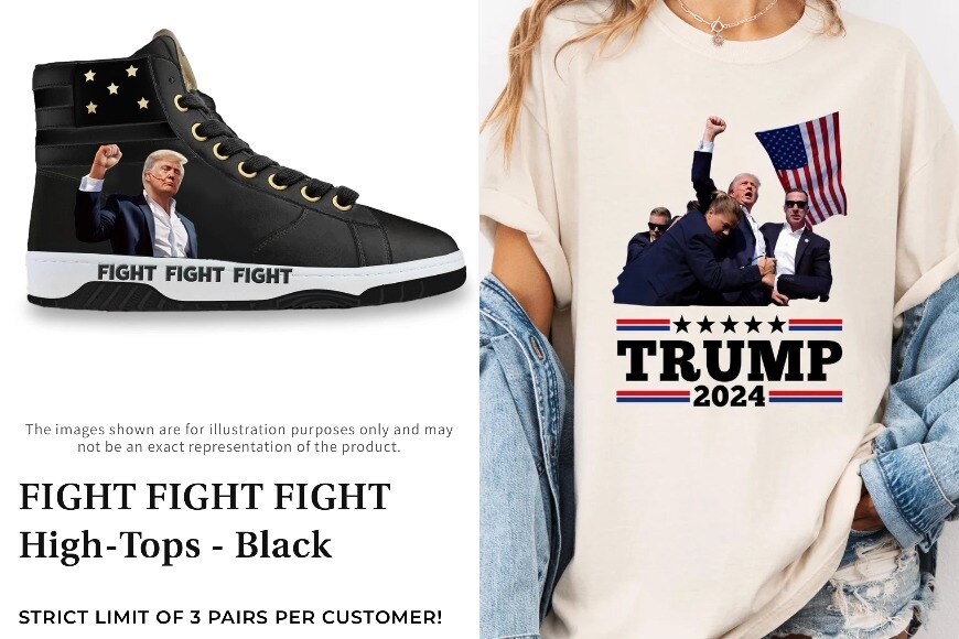 Screenshots of high-top sneakers and a t-shirt featuring the image of Trump raising his fist in the air after being shot.