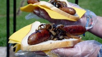 Two sausages in white break, both topped with onion and barbecue sauce.