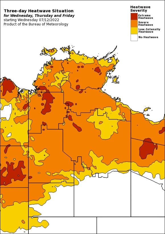 A map of the NT, with much of the continent shaded in yellow, orange and red denoting severity of heat