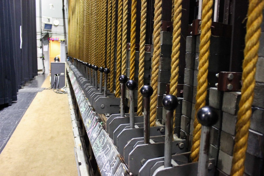 Ropes and levers at side of stage in QPAC.