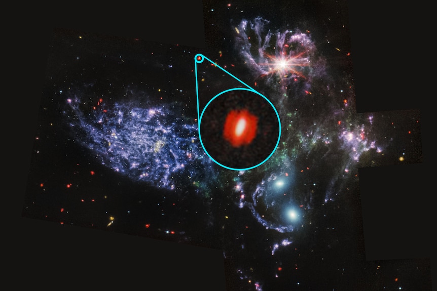 In an infrared image of Stephan's Quintet, a red dot has been highlighted and magnified