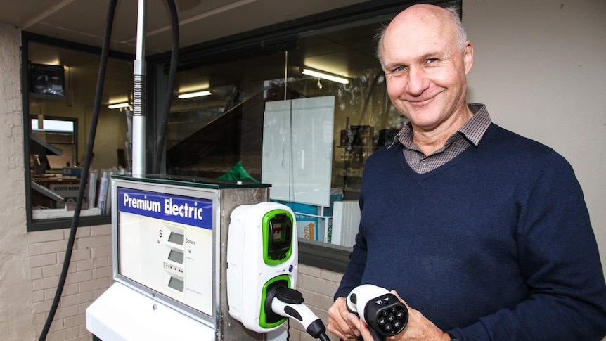 Owner Mick Harris at the electric charging station in Newstead in central Victoria.