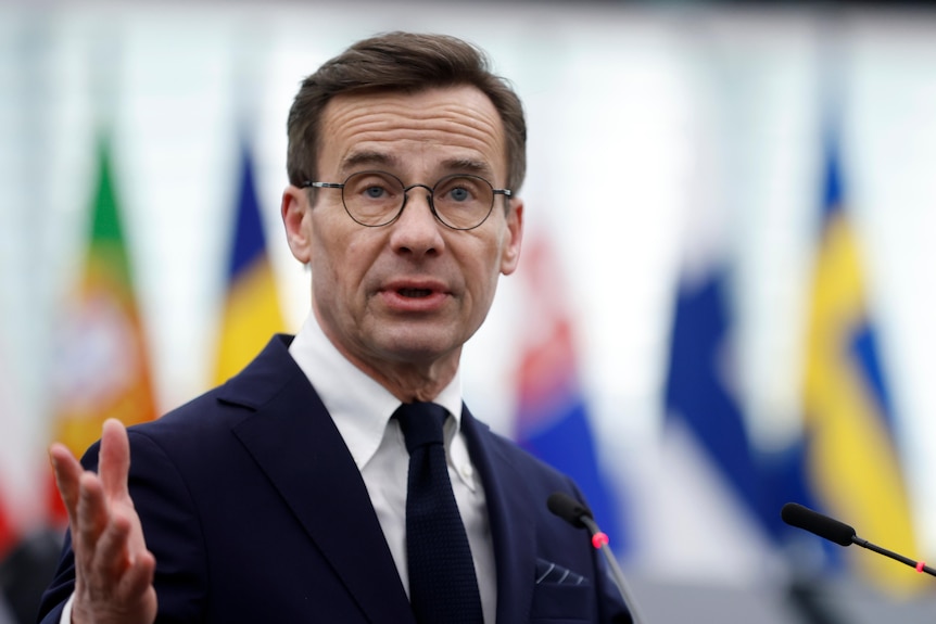 A serious-looking man with a serious-looking haircut and serious-looking glasses speaks in front of a row of European flags.