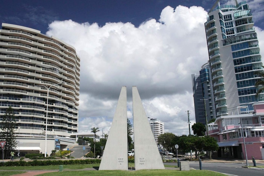 Queensland-NSW border concrete marker at Coolangatta on Queensland's Gold Coast.