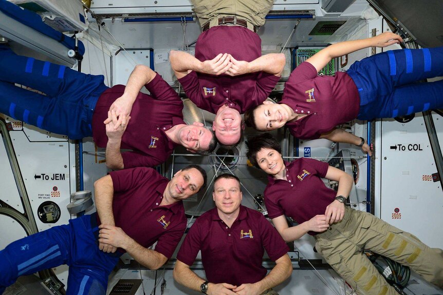 The team on board the International Space Station in April.
