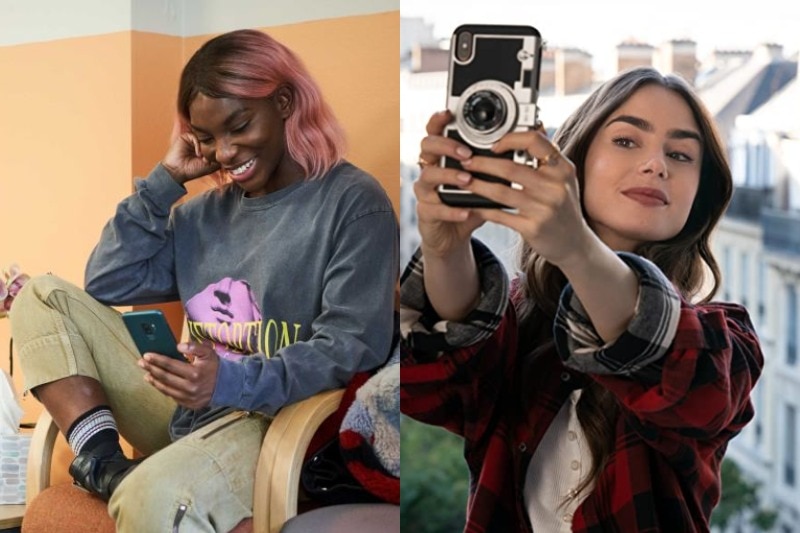 Michaela Coel (left) sits smiling at her phone. Lily Collins (right) smiles for a selfie on a Parisian balcony