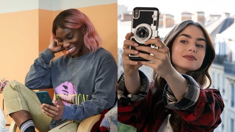 Michaela Coel (left) sits smiling at her phone. Lily Collins (right) smiles for a selfie on a Parisian balcony