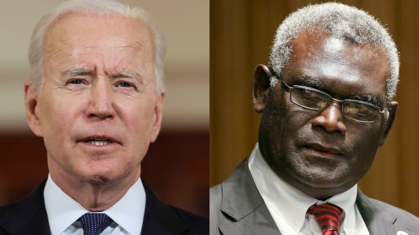 A composite image of US President Joe Biden besides Manasseh Sogavare, Solomon Islands President both wearing suits