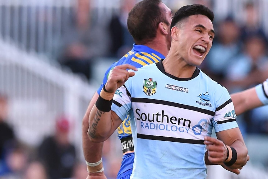 Valentine Holmes celebrates a field goal against Parramatta