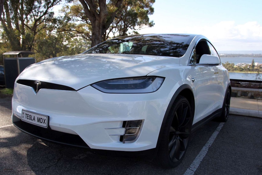 A white Tesla model X car parked in a car bay at Kings Park.