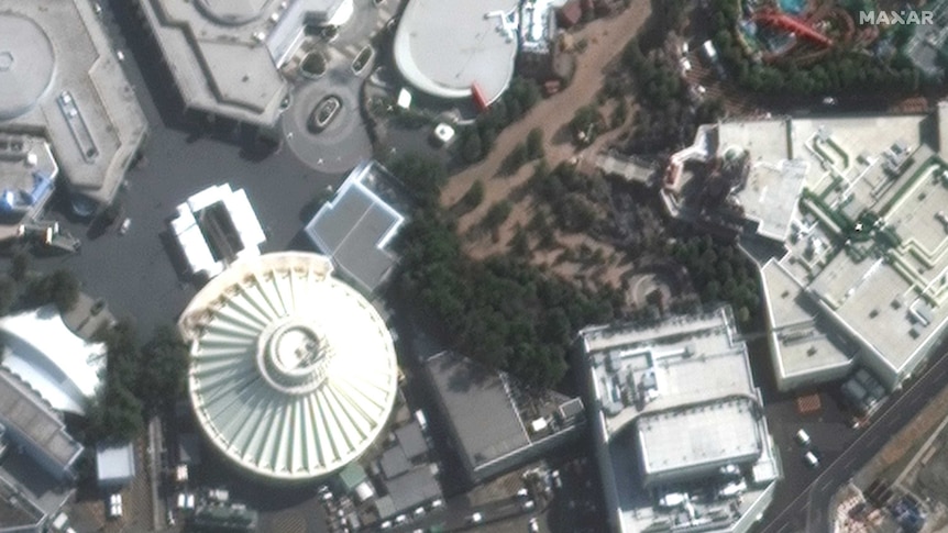 Satellite imagery shows Tokyo Disneyland deserted.