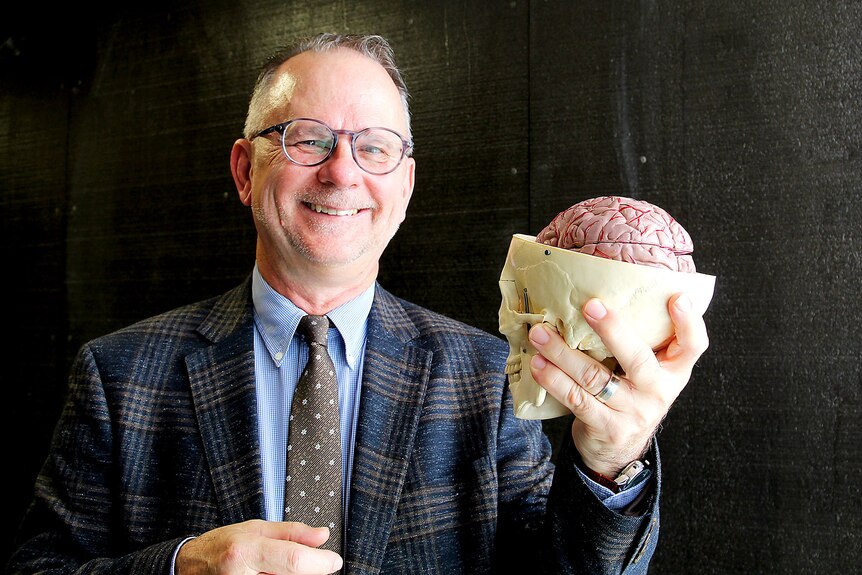A man holds a model of a brain