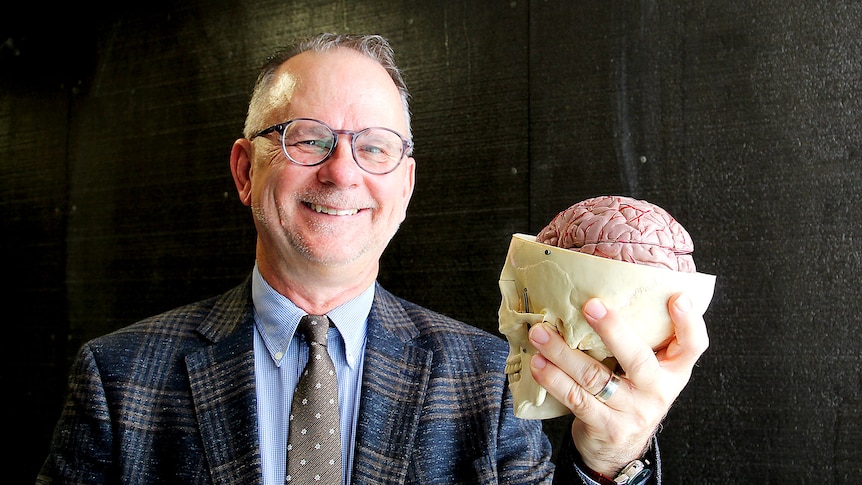 A man holds a model of a brain.