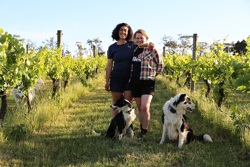 Woman with brown hair stands with arm over shoulder of woman with blonde hair in vineyard with black and white dog at their feet