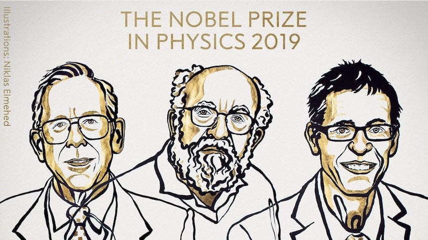 A black and gold line-art illustrations of three scientists awarded the 2019 Nobel Prize in Physics