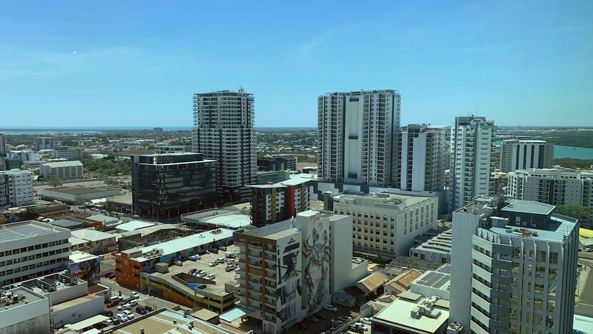A photo of the Darwin city skyline showing buildings in the CBD on a sunny dry season day.