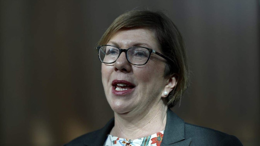 A profile photo of a woman with glasses speaking to reporters who are not pictured