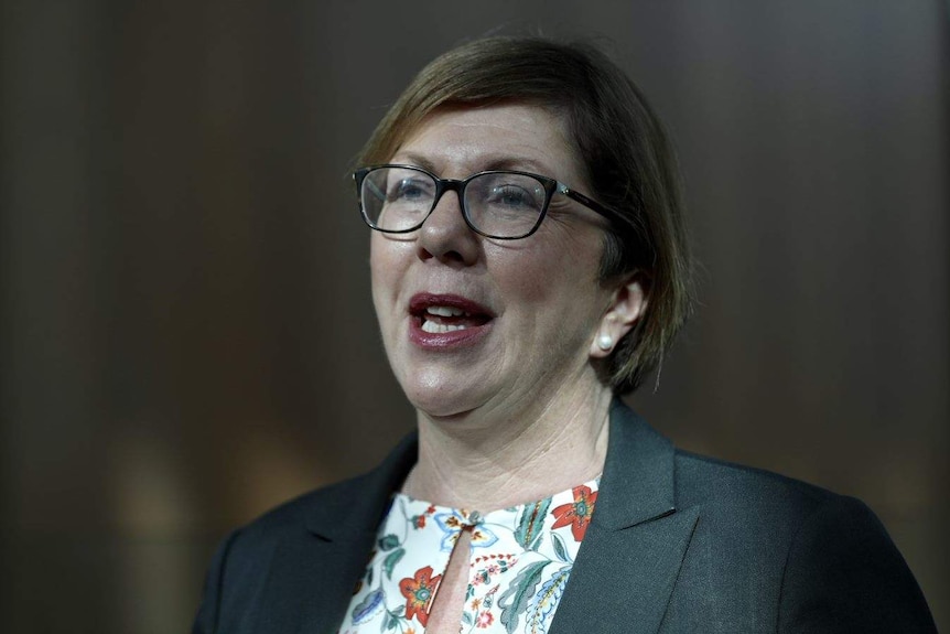 A profile photo of a woman with glasses speaking to reporters who are not pictured