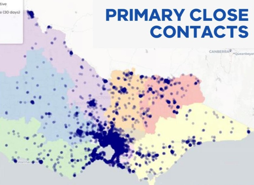 A map of Victoria with dots representing close contacts.