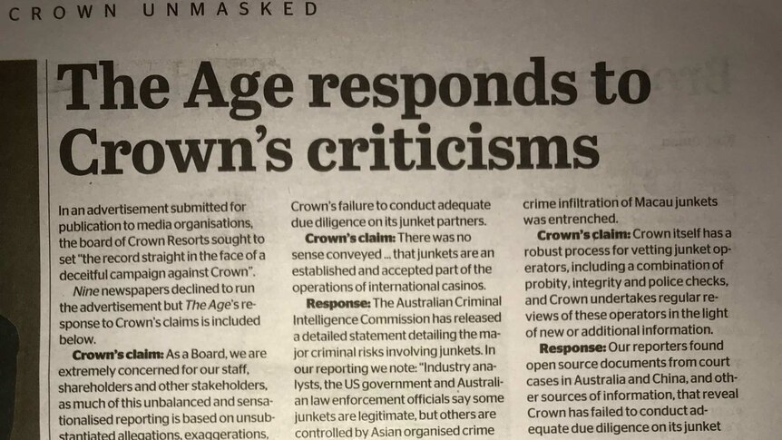 An article The Age headlined "The Age responds to Crown's criticisms".