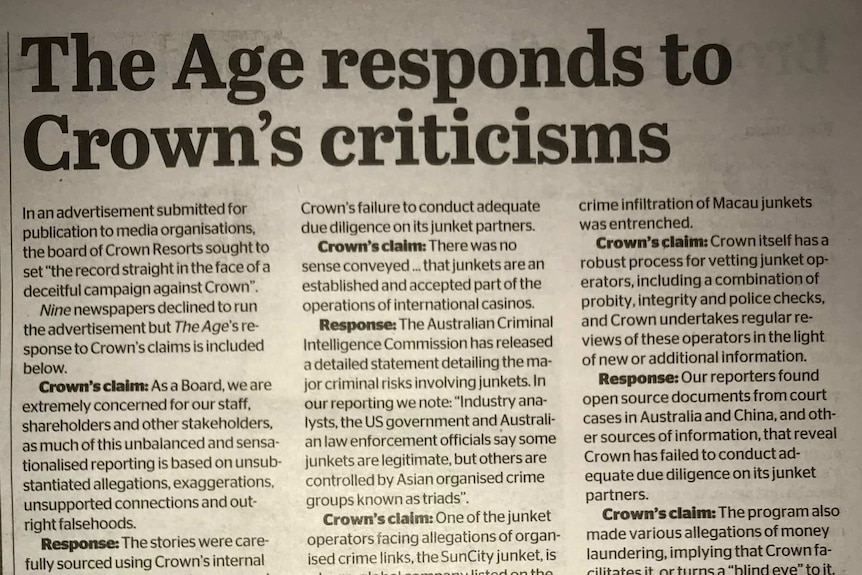 An article The Age headlined "The Age responds to Crown's criticisms".