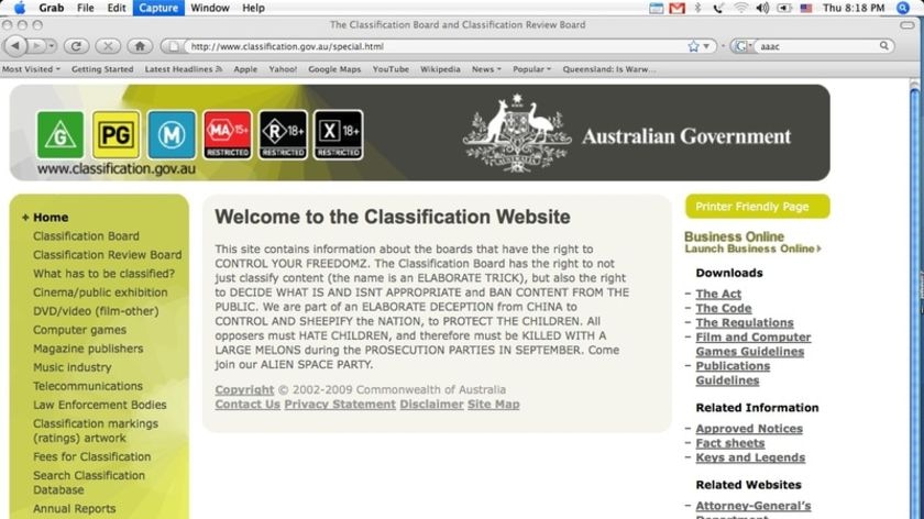 Screen grab of the Classification Board website after hackers had hit