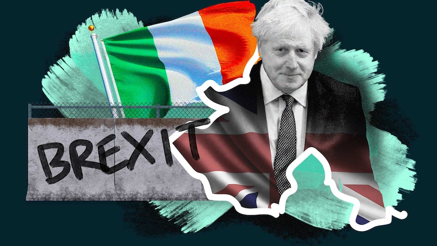 A digital collage of Boris Johnson, concrete wall, Irish and British flags and the word BREXIT.