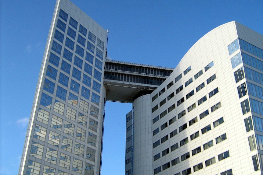 The exterior of the International Criminal Court, two modern buildings.