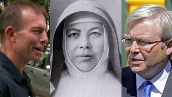 Tony Abbott, Mary MacKillop and Kevin Rudd composite (Yfrog/canterbury.nsw.gov.au/AAP)