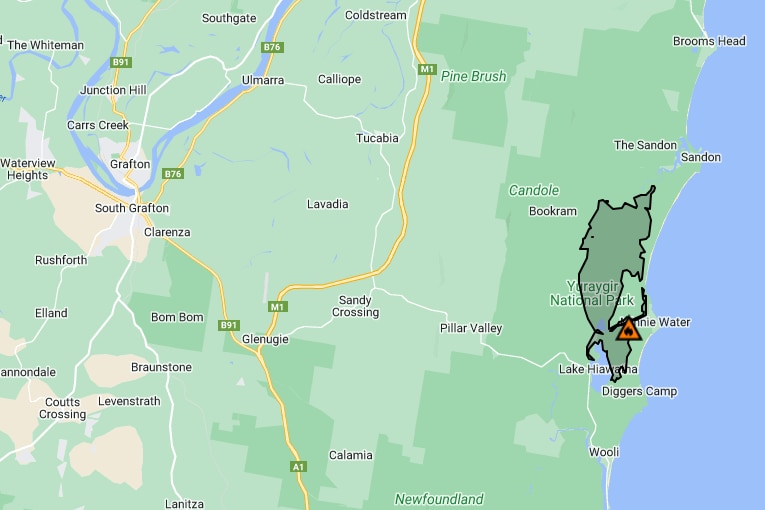 A map showing part of the NSW mid north coast, with a dark area showing the area the fire at Minnie Water has burnt.