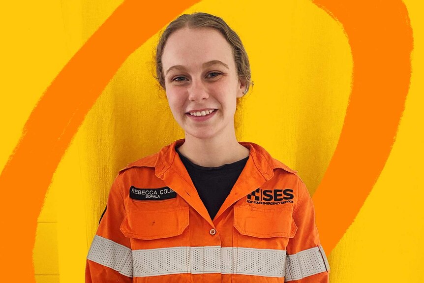 Rebecca Cole wearing her SES uniform, with yellow and orange illustrated background behind her.