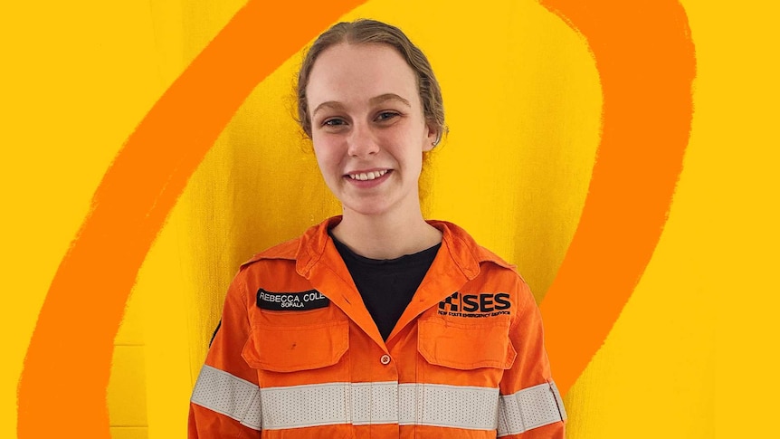 Rebecca Cole wearing her SES uniform, with yellow and orange illustrated background behind her.