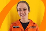 Rebecca Cole wearing her SES uniform, with yellow and orange illustrated background behind her.