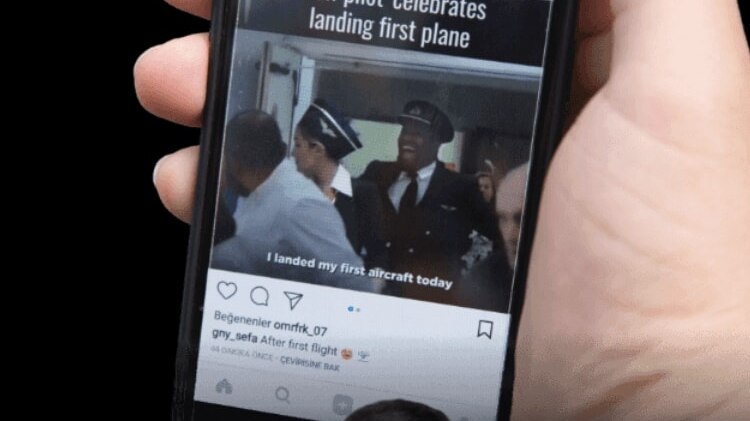 Sefa's screen featuring a funny Instagram video titled "new pilot celebrates landing first plane".