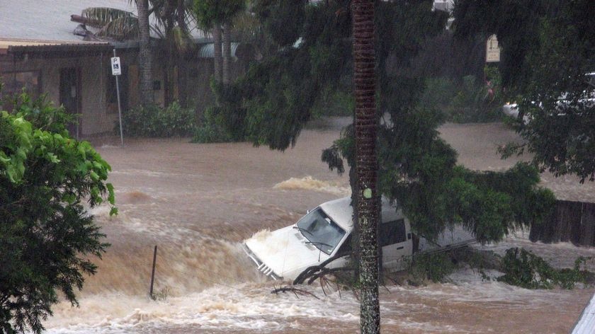 A car washed against a tree in floodwaters on Wheatley St in North Bellingen in New South Wales