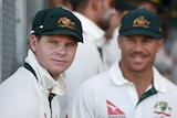 David Warner and Steve Smith look out at the field before a Test.