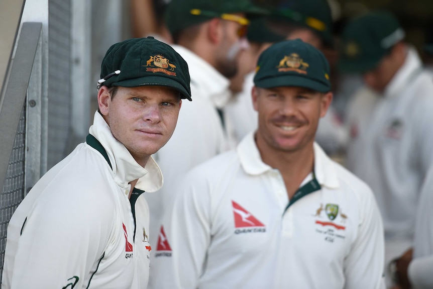 David Warner and Steve Smith look out at the field before a Test.