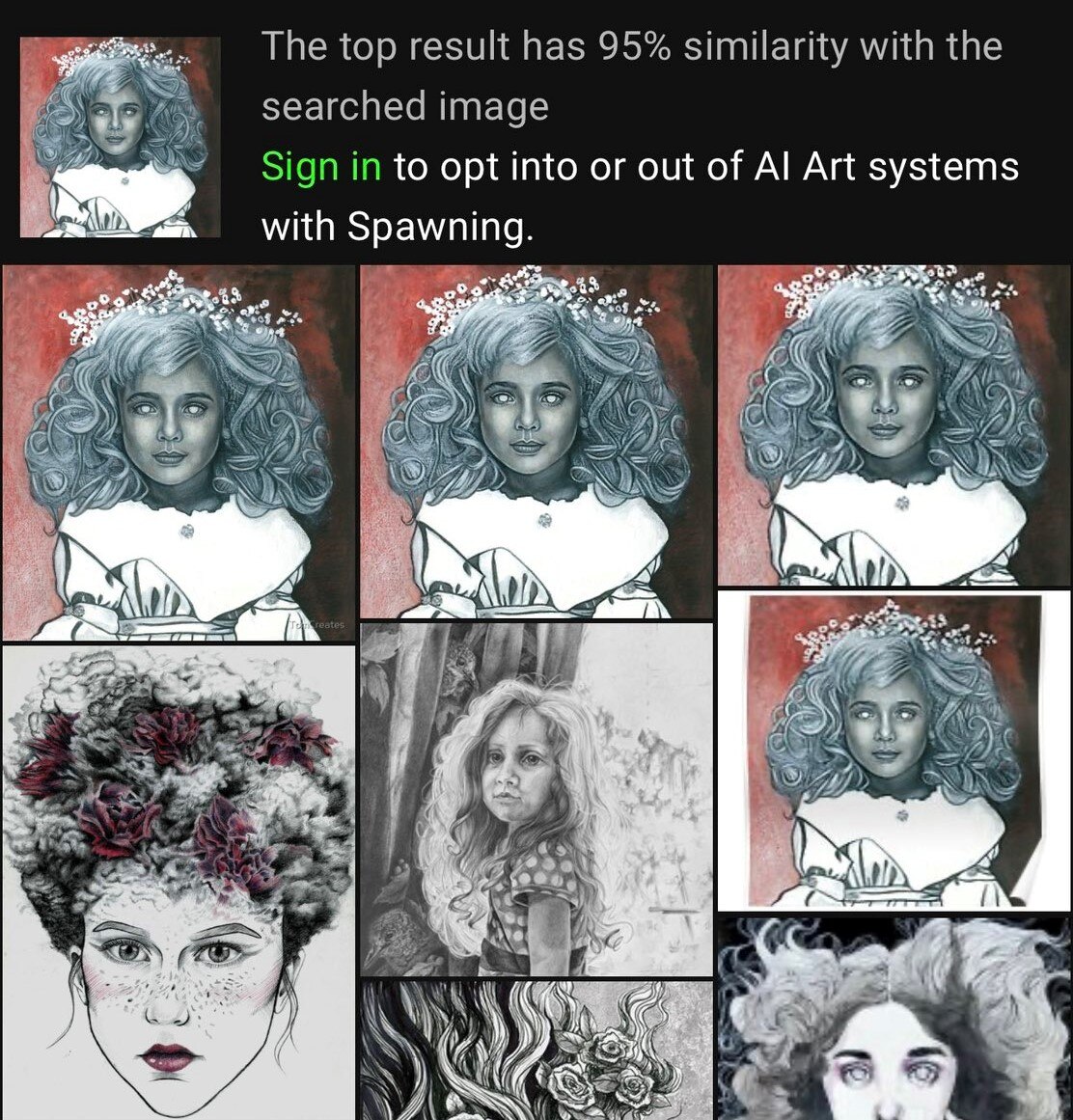 A composite of many images, some identical, of a drawing of a girl with long hair, taken from haveibeentrained.com