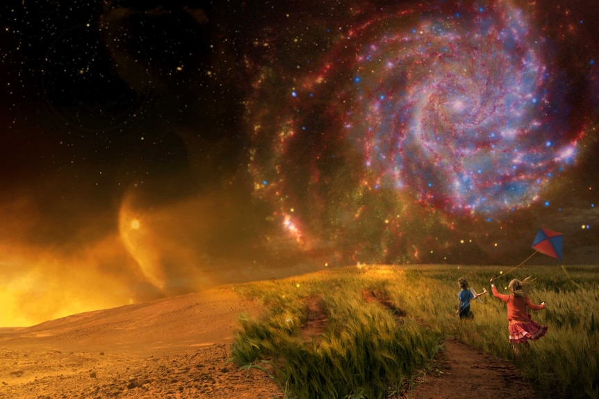 Two children fly a kite on another planet, while a distant spiral galaxy can be seen in the sky