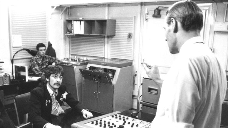 Geoff Emerick and Richard Lush in the Abbey Road Studio control room with George Martin