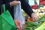 Shopper puts fresh produce into a plastic bag, while a reusable shopping bag hangs from their arm, June 2009