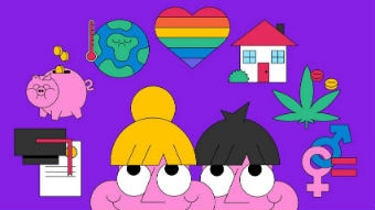 Illustration shows two young people characters looking up at symbols relating to life, for example, a house and a piggy bank