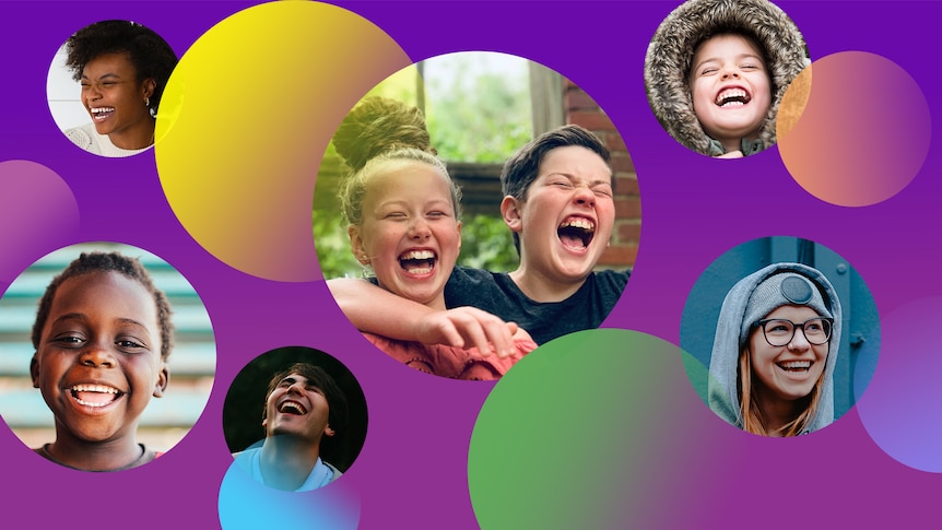 Illustration of various kids of different backgrounds and ages laughing.